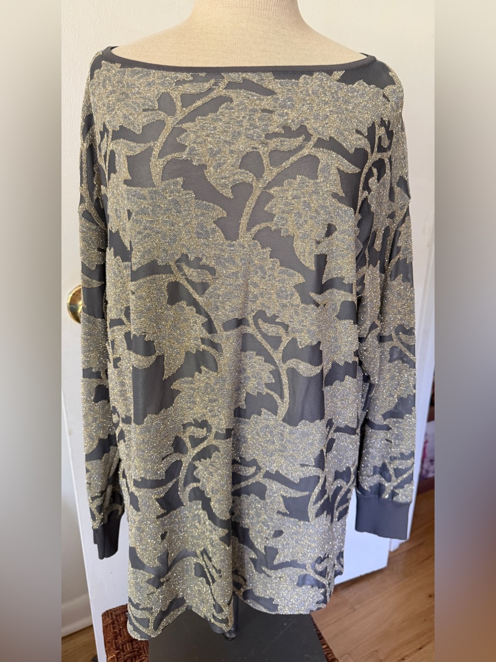 NWT Lafayette 148 New York Tunic with Gold Floral Metallic Jacquard on Black Mes